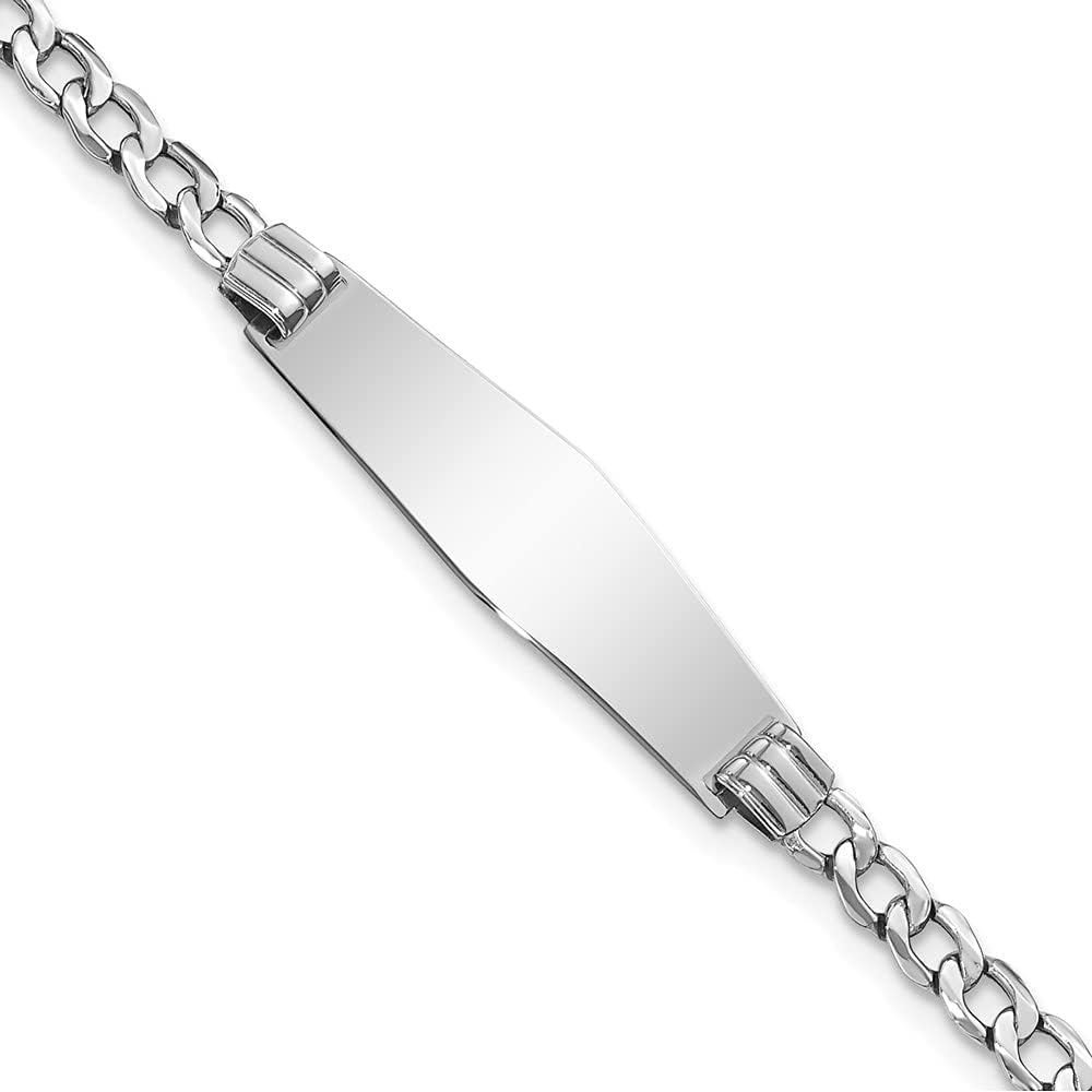 Engravable Personalized Custom 14K White Gold Semi-solid Soft Diamond Shape Cuban Link ID Bracelet For Men or Women Length 7 inches Width 7.5 mm