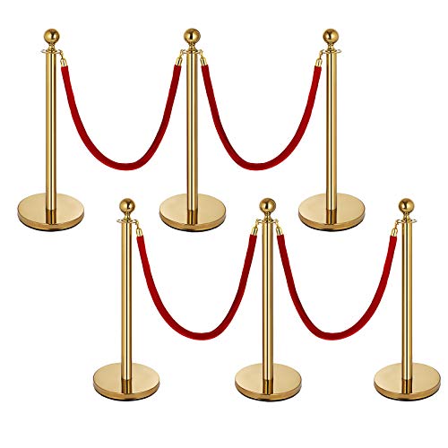 Mophorn 6Pack Gold Stanchion Post Queue Rope Barriers 4 Red Velvet Ropes 38In
