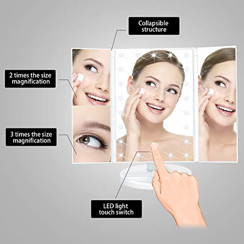 21 LED Trifold Illuminated Makeup Mirror, ELOKI Lighted Vanity Mirror with Touch Screen Dimming and USB Powered, Illuminated Cosmetic Mirror,180° Swivel Rotation (White )