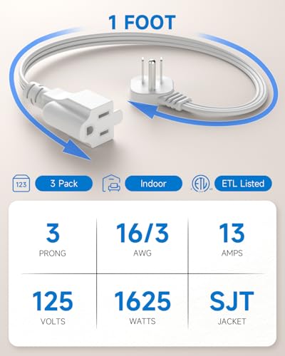 Image of Flat Plug Short Extension Cord 1Ft White Low Profile Adapter 3 Prong Indoor Small Grounded Power Cable Outlet Saver 16AWG 13A 1625W 3 Pack