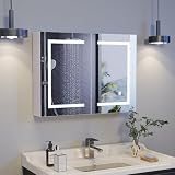 KRYZOR Armario con espejo para baño con iluminación, armario de baño con estantes ajustables y antivaho, armario de baño con interruptor táctil, 3 temperaturas de color regulables (80 x 60 cm, 2