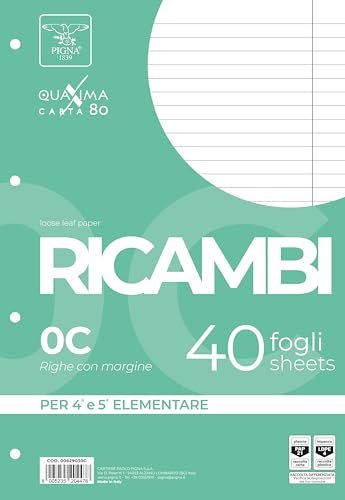 Pigna, Paquete de 40 Recambios con 4 agujeros para archivar , hojas tamaño A4 , 21x29,7 , hojas con agujeros sin refuerzo , 0C, rayadas con margen