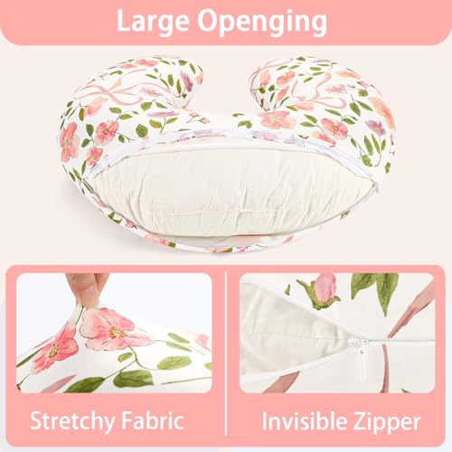 Image of TANOFAR Nursing Pillow Cover, Stretchy Removable Breastfeeding Pillow Cover, Ultra Soft Snug Fits On Newborn Feeding Pillow Case for Baby Girls, Pink Bow