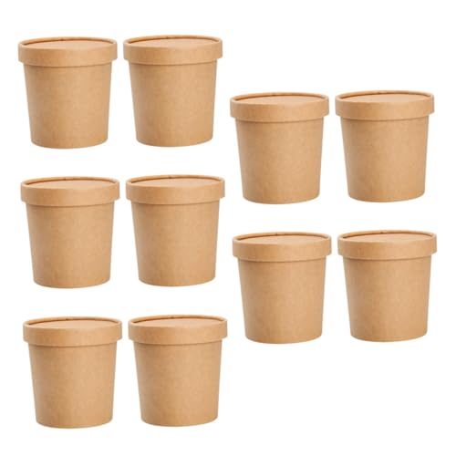 Beavorty 10 Pack Disposable Porridge Cups Kraft Soup Buckets Covers Oil Proof Soup Cups Take Out Containers Lids