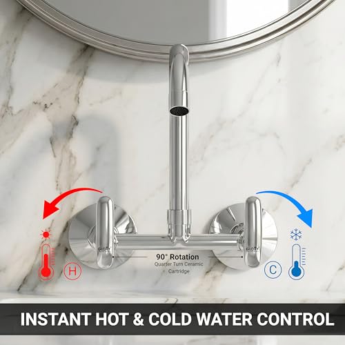 Image of GLOXY Premium Brass Wall Mounted Kitchen Sink Mixer Tap with 360 Swivel Spout - Kitchen Sink Mixer Tap Hot & Cold with Chrome Finish & Imperial Lever for Bathroom & Kitchen Sink - 10 Years Warranty