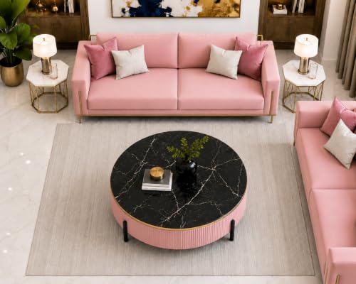 Image of WOODEN SPACE Premium Luxury Nazaara Marble-Top Coffee Table with Iron Legs & PVD Coating | Modern Round Wooden Center Table for Living Room & Entryway (Pink, 30 Inch)