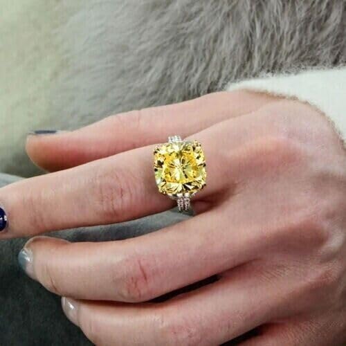 Purvika Jewels Engagement Ring, 4.00 Ct Cushion Cut Lab Created Yellow Citrine, 925 Sterling Silver, 14K White Gold Finish