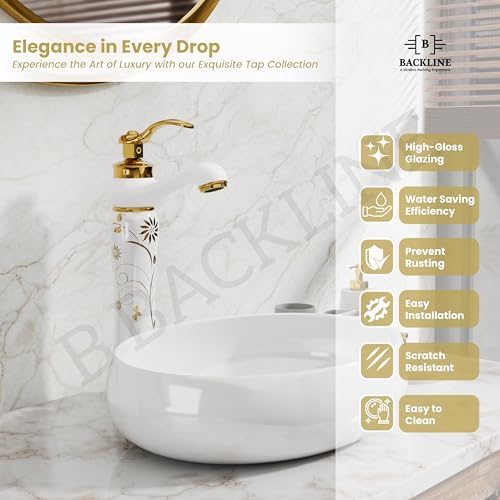 Image of Backline Basin Mixer Tap for Bathroom Wash Basin | 12 inch Long Pillar tap for Basin | Single Lever Hot & Cold Water Faucet | Basin Taps for Bathroom & Livingrooms (White Gold Long Body)