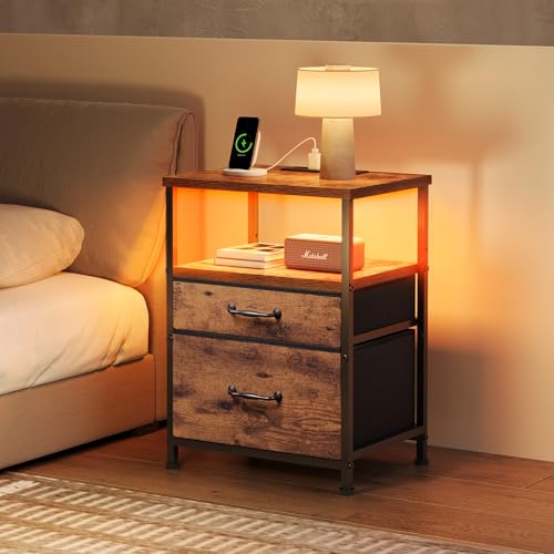 YeTom Nightstand with Charging Station Set of 2, LED Night Stand with 2 Fabric Drawers, Side Table with Open Shelf, End Table with Steel Frame, 2 Drawer Dresser for Bedroom, Brown - Thumbnail 2