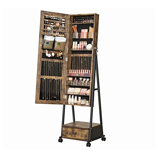SONGMICS Jewelry Cabinet Floor Standing, Lockable Jewelry Organizer with High Full-Length Mirror, Bottom Drawer, Shelf, Wheels, Jewelry Armoire, Gift Idea, Rustic Brown and Black UJJC004X01