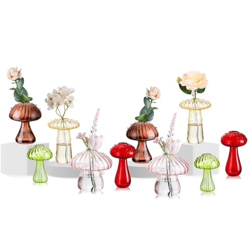 ZhouZGlass Mushroom Flower Vase, Cute Small Flower Vase Set, Small Bud Flower Vases Unique, Mushroom Propagation Hydroponic Vases, Funky Cottagecore Decor for Home Room (Colorful, 10 Pcs)