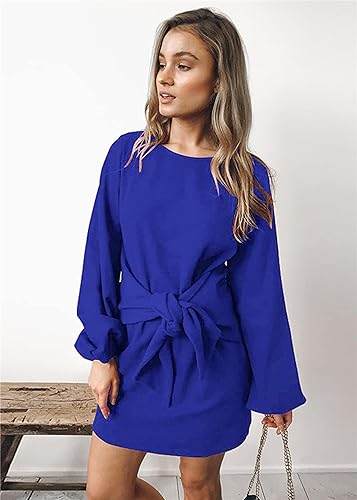 Image of PRETTYGARDEN Womens Spring Elegant Long Lantern Sleeve Short Dress Wedding Guest Crewneck Tie Waist Knit Cocktail Dresses
