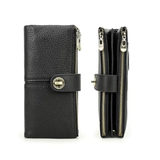 CONTACTS Carteira Longa de Couro Legítimo Feminina com Zíper Duplo, 18 Porta-Cartões, 2 Bolsos com Zíper para Celular e Dinheiro, 3 Porta-Fotos, Slot Airtag e Proteção RFID, Luxo–Cor Preta