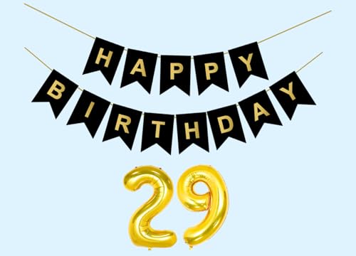 Image of 29th Happy Birthday Decoration Kit Black for 29 year Old Boys Girls Men Women with Number Twenty-nine Party Decorations Decor Celebration Items Item Set Combo Reusable Paper Banner