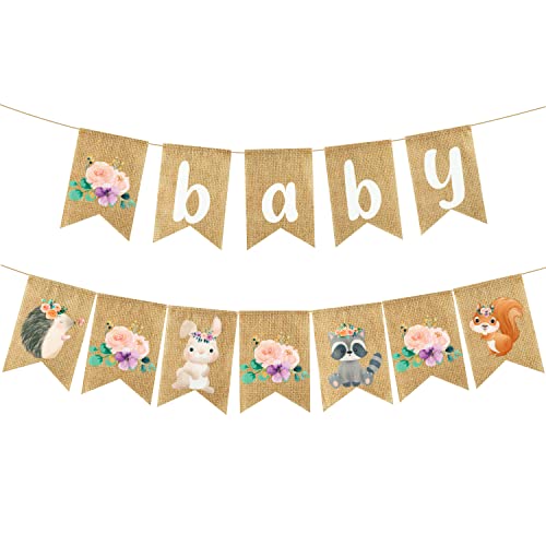 2Pcs Floral Woodland Baby Shower Burlap Banner Decoration , Wall Hanging Floral Safari Banner Decor Quirrel, Hedgehog, Rabbit, Raccoon Animal Pattern With Rope Hnging Banner Sign Decor Theme Party Indoor Decorations #TOP5