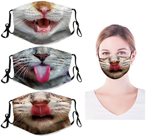 Funny Cat With Tongue Set of 3 Face Masks Washable Reusable Adjustable Breathable Mask for Adults Women Men with 6 Filters