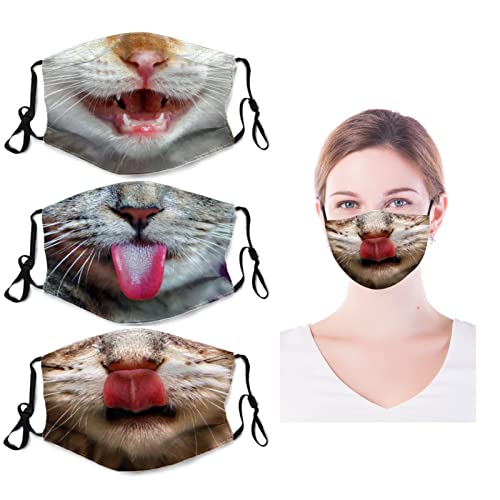 Funny Cat With Tongue Set Of 3 Face Masks Washable Reusable Adjustable Breathable Mask For Adults Women Men With 6 Filters #TOP2