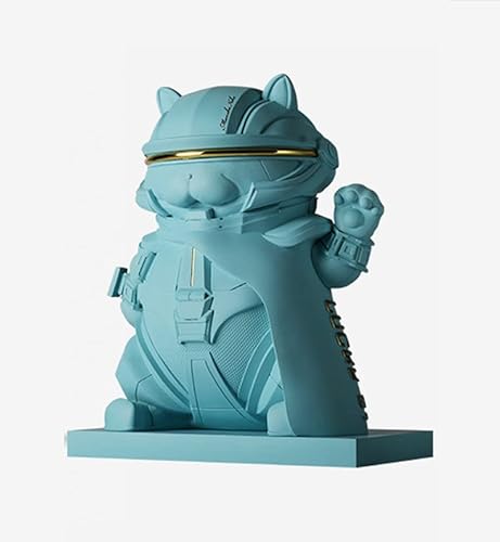 Maneki Neko, Gato de la Suerte de Resina, Afortunado Gato Bendición, Estatuilla para la Decoración de la Oficina, Hogar y la Tienda, Forma de Guerrero Moderna y Fresca, 7.87x4.33x10.24inch,Azul Cover
