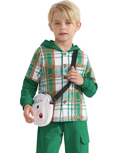 Image of 2Pcs Boys Clothes Sweatsuit Set Hoodie Flannel Plaid Shirt and Jogger Pants for Kids Fall Winter Spring Outfits