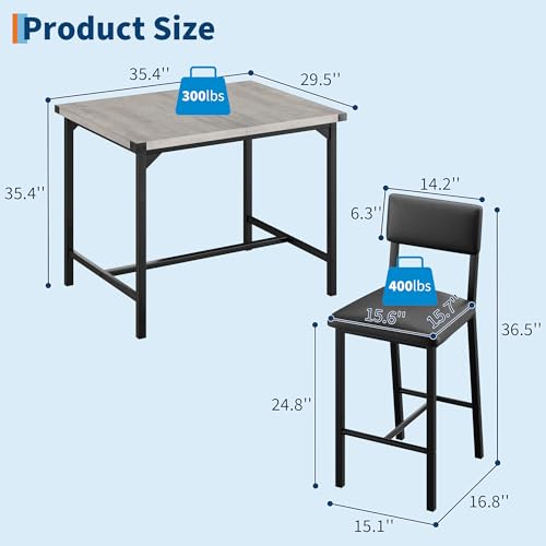 GarveeHome Dining Table Set for 4 W/Footrest & Backrest, Counter Height Table with 4 Upholstered Bar Stools, Kitchen Table Set with Corner Protector, for Small Space, Retro Gray