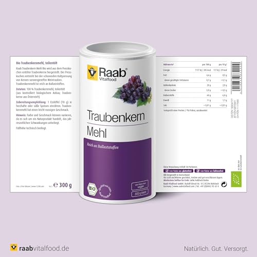 Foto von Raab Vitalfood Bio Traubenkernmehl 300 g, OPC, reich an Ballaststoffen, vegan, glutenfrei, Traubenmehl, 300 g Dose