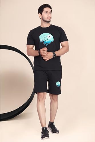 Image of HOODMASTER Men's Cotton Night Suit Set of Top & Knee Length Shorts with Round Neck Half Sleeves Solid Pattern Regular Fit and Standard Length | Mens Cotton Night Suit | T-Shirt and Shorts Sets
