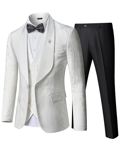 MY'S Men's Floral Suit, 3 Piece Slim Fit Paisley Tuxedo, Jacket Pants Vest with Bow Tie for Wedding Prom Dinner