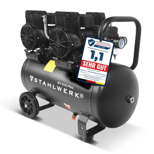 STAHLWERK Kompressor 50 L Tank (ST-510 Pro) ölfrei & leise, 10 bar, 70 dB | 3,94 PS (2,9 kW), 500 l/min | Druckluftkompressor mit Brushless-Motoren | Silent-/Flüsterkompressor | Kolbenkompressor