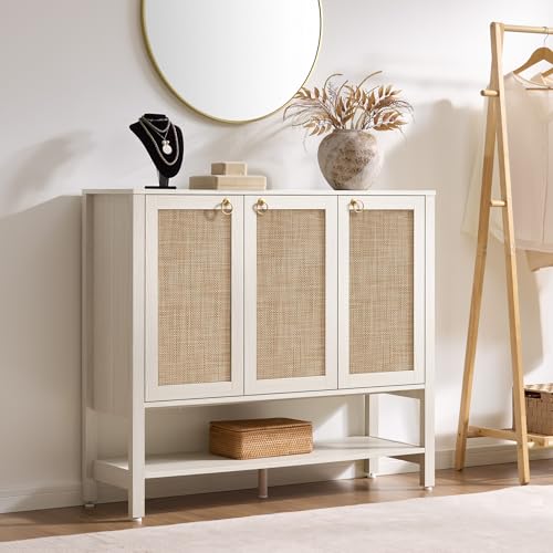 Image of SICOTAS Rattan Shoe Cabinet with Storage - 30 Pairs Boho Shoe Organizer with 3 Doors & Adjustable Shelves, Large Farmhouse Shoe Rack Cabinet for Entryway, Hallway, Living Room (White)