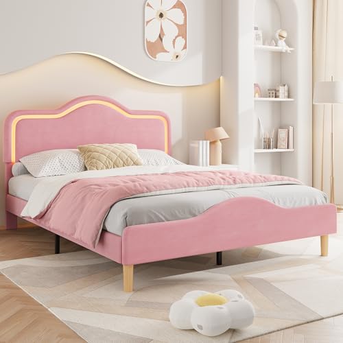 GarveeHome Full Size LED Bed Frame with Adjustable Headboard & Footboard, Velvet Upholstered Princess Platform Bedframe for Kids/Girls, Wooden Slats Support, No Box Spring Needed, Easy Assem