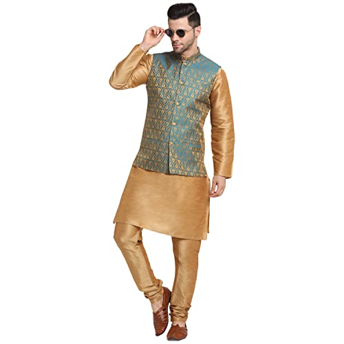 Image of KRAFT INDIA Mens Gold Silk Blend Kurta and Churidar Set With Jacquard Paisley Nehru Jacket