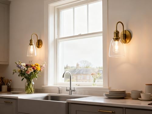 Yosoan 2 Sets of Vintage Elegant Glass Sconce Wall Light, Industrial Wall Lamp for Kitchen Bedroom Living Room (Antique Gold)