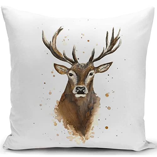 KUNQIAN Stag Cushion Cover Stag Head Animal Pillow Cover Decor Stag Ornament Wildlife Deer for Home Livingroom Couch Bed Sofa Decorate Throw Pillow Case Stag Gift 18"x18"