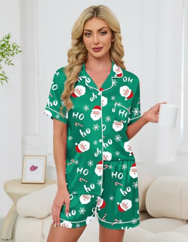 Image of Schbbbta Women Pajamas Set, 2 Pieces Satin Silk Button Down Pjs Short Sleeve Outfits Loungewear