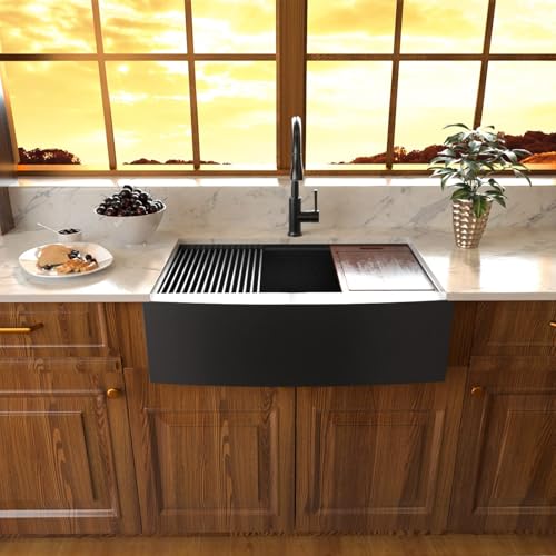 Sarlai 33 Farmhouse Sink Black Stainless Steel - 33 Inch Apron Front Kitchen Sink Ledge Workstation Gunmetal Black 16 Gauge Stainless Steel Deep Single Bowl Farm Sinks by Sarlai - Used condition - Image 3
