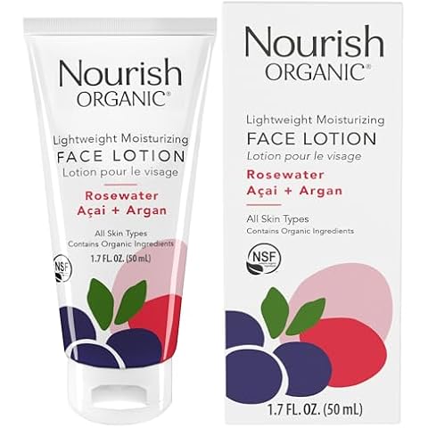 Nourish Organic Face Lotion, Rosewater Acai + Argan – Lightweight Moisturizer for Face with Aloe Vera, Shea Butter & Vitamin C, 1.7 Oz + Washable Cotton Round Cover