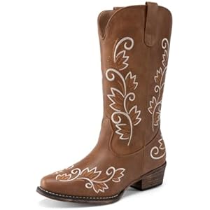 DREAM PAIRS Women's Cowboy Cowgirl Western Mid Calf Boots Square Toe Embroidered Stitched Pull On Country Boots with Low Chunky Heel 6 Brown