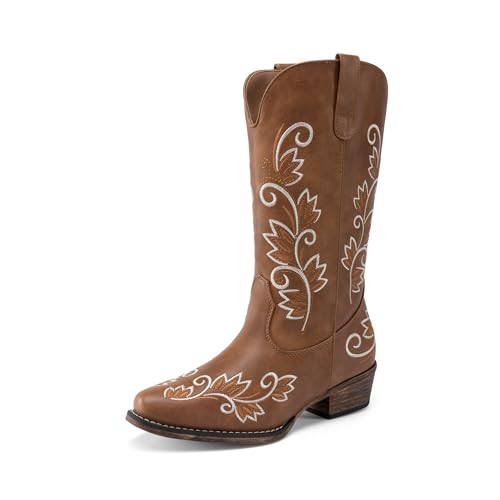 DREAM PAIRS Women's Cowboy Cowgirl Western Mid Calf Boots Square Toe Embroidered Stitched Pull On Country Boots with Low Chunky Heel 6 Brown