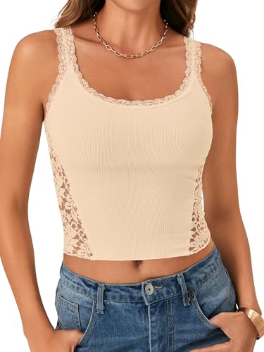 LYANER Women's Summer Cute Tank Tops Floral Lace Scoop Neck Sleeveless Cami Crop Tops Champagne Medium