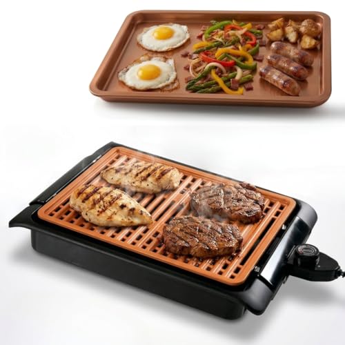 STARLYF Barbacoa eléctrica Smokefree Grill + Plancha   Barbacoa Eléctrica de 1250W, Parrilla Eléctrica Interior sin Humos ni Olores, Superficie Antiadherente de Cobre, Cocción Uniforme