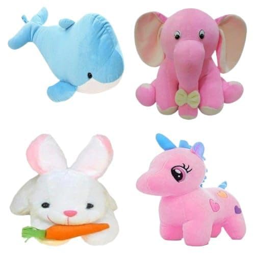 Image of Pack of 4 Elegant Soft Animals Stuffed Plush Fur Soft Toys Combo Set for Kids /Childrens /Boys /Girls Playing Birthday Gift Dolphine,Elephant,Rabbit,Unicorn