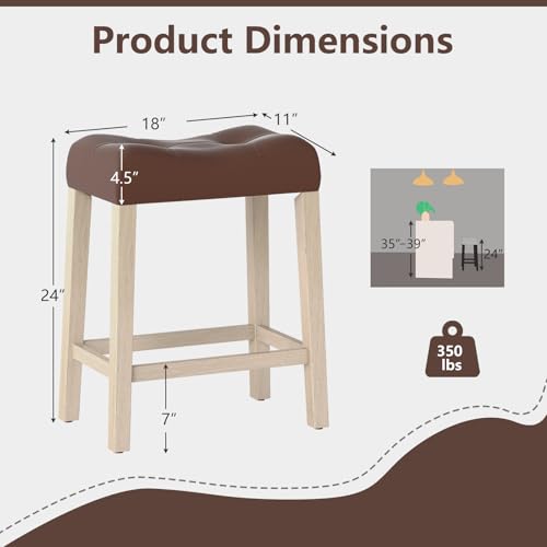 Image of Giantex 24 inch Bar Stools Set of 4, Upholstered Counter Height Saddle Bar Stools with Footrest and Wood Legs, Farmhouse Faux Leather Backless Barstools for Kitchen Island, Dining Room, Cafe, Brown+Beige