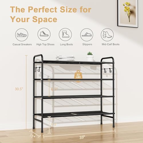 Image of VILICK 4-Tier Shoe Rack 33 inch Wide Metal Shoe Organizer Long Shoe Storage with 4 Side Hooks Sturdy Shoes Shelf for Closet, Front Door Entrance, Garage, Dorm, Black
