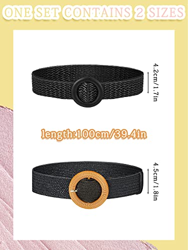 Geyoga 6 Pack Women Straw Belt Woven Elastic Stretch Waist Belt Skinny Braided Waist Boho Rattan Wood Buckle for Women Dress, 2 Sizes3