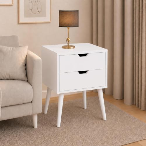 Image of Brown Art SHOPPEE 2-Drawer End Side Table with Drawer and Solid Wood Legs, Bedside Table for Bedrooms, Mid-Century Modern Drawer Storage Cabinet for Bedroom & Furniture (Full White)