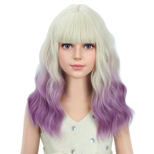 Image of PATTNIUM Girls Purple Ombre Short Curly Wavy Wig with Bangs Kids White Ombre Purple Bob Wigs Synthetic Halloween Costume Cosplay Party Wigs