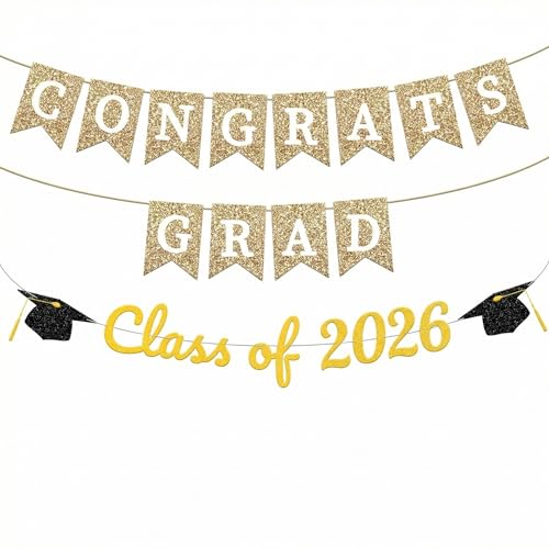 Image of 2026 Graduation Banner,Congrats Grad and Class of 2026 Cap Banner Set White Gold Black Glitter Grad Decorations for Senior 2026 Party, Graduation Sign Party Backdrop Supplies