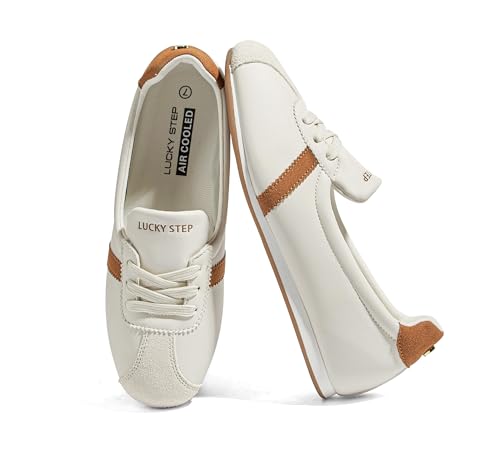 LUCKY STEP Women's Slip On Fashion Sneakers - Casual Non-Slip Flat Shoes - Comfortable Breathable Walking Shoe(8 M US Beige)