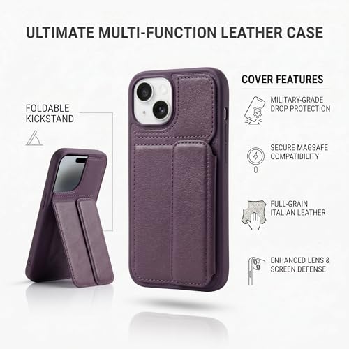 Image of amazon basics Luxury Vegan Leather Back Cover for iPhone 14 | Built-in Card Holder Slot | Integrated Mobile Stand | Slim Shockproof Protective Case with Stitched Finish - Purple