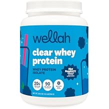 Wellah Clear Whey Protein Isolate Powder Blue Raspberry 30 Servings - 20g of Protein, 90 Calories, Sweetened with Stevia